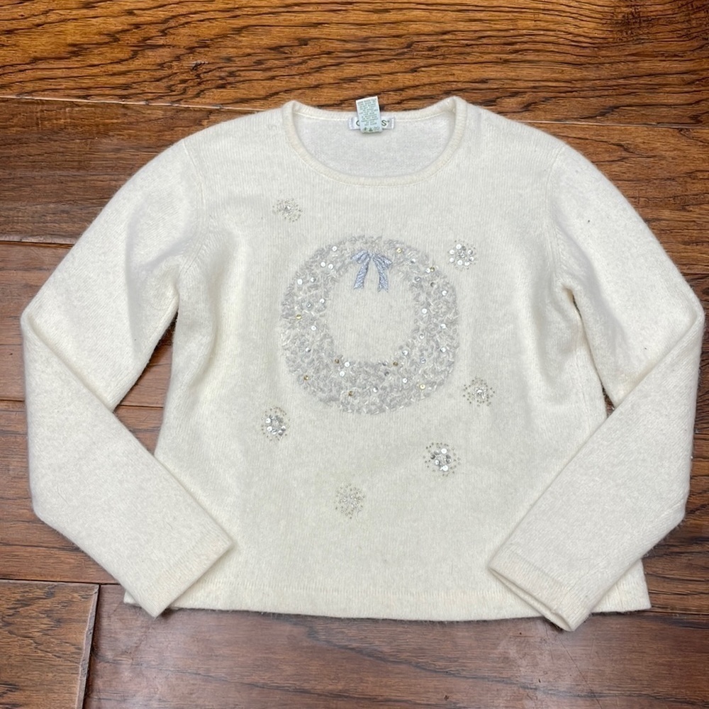 ORVIS ivory wool and angora Christmas wreath sweater